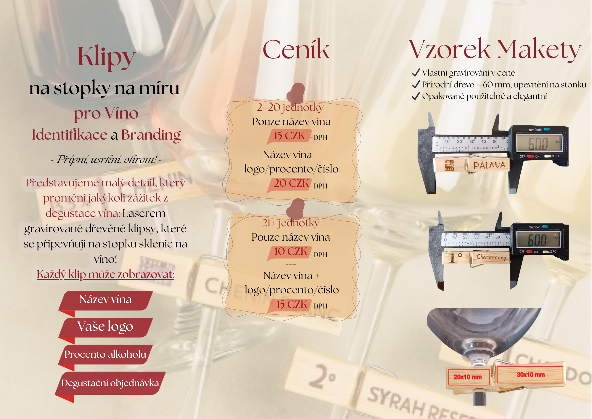 🍷 Dřevěný klips na stopku sklenice / Wooden Wine Stem Clip